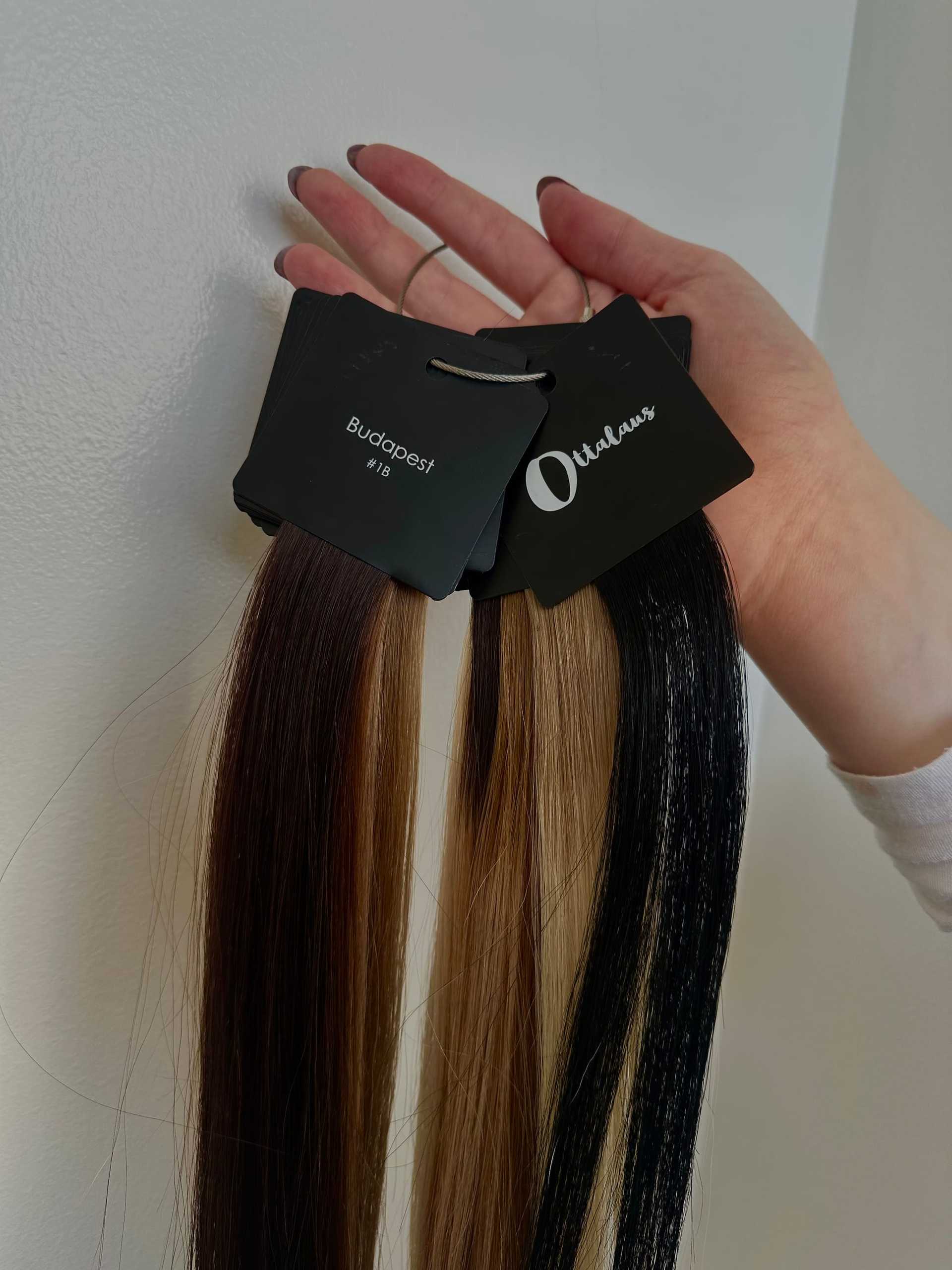 Hair extensions in various shades held by a hand against a light background.